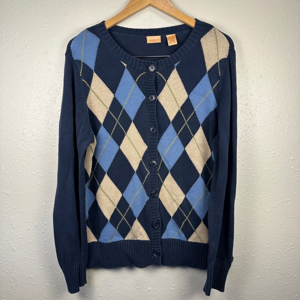 NorthCrest Women L Cardigan Sweater Argyle Blue Neutral Button Down Preppy Money